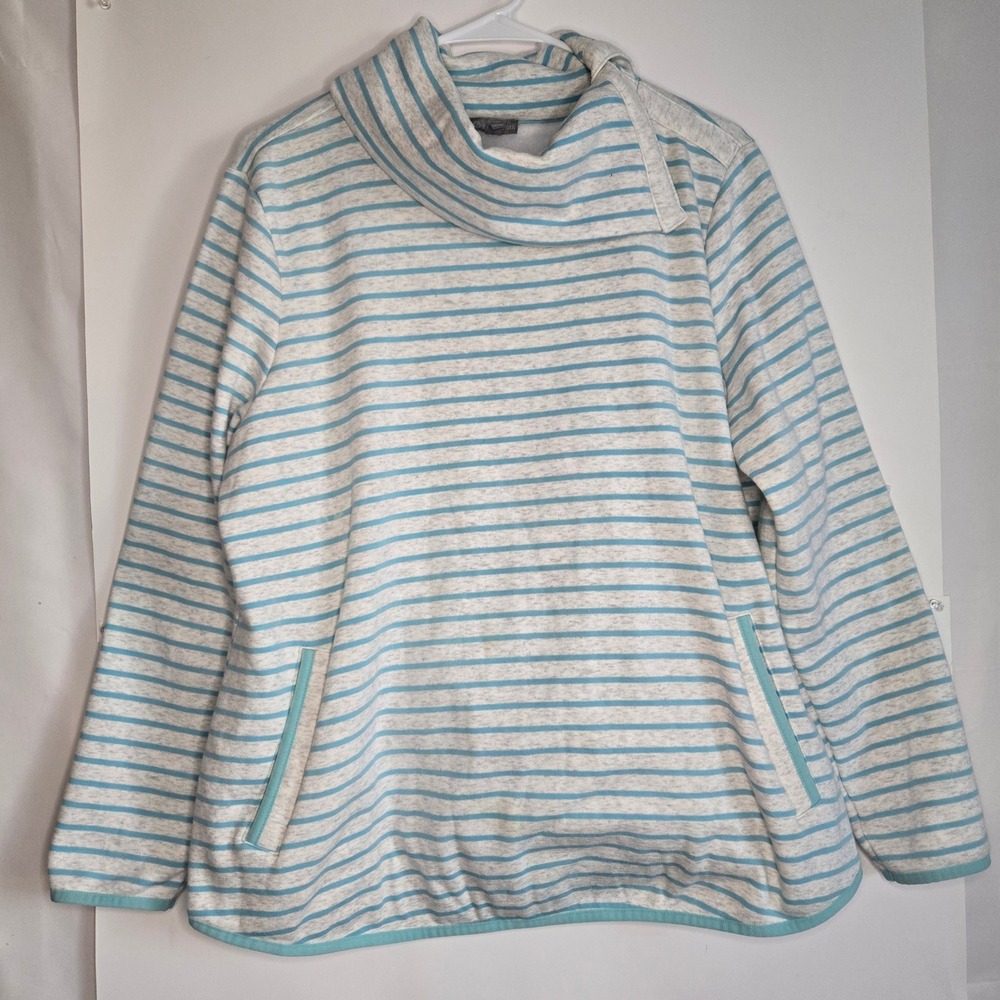 Talbots T by Talbots Womens Blue Grey Striped Cowl Neck Pullover Sweatshirt L